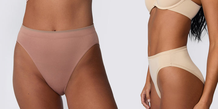 On a clean studio backdrop, two models are partially shown wearing no-show briefs in muted pink and beige, highlighting smooth fabric, high-rise coverage, and no-show edges across different skin tones.