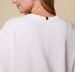 Close-up back view of model Megan in the Cloud Cotton Tee in White and Cloud Cotton Logo Boxer Brief in White, highlighting the neckline and seam detail.