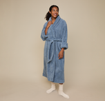 Woman wearing the Cozy Robe in the color Slate sizing: Zoe wears size Small