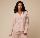 Model Ally in the Pima PJ Longsleeve and Pima PJ Pants in Bellini. The relaxed loungewear set emphasizes comfort and softness.