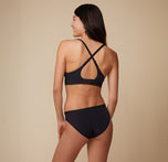 Anna wearing the Bliss Plunge Adjustable Bralette and Bliss Bikini, showing the bralette’s back in a racerback configuration.