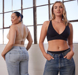 Bianca and Megan wearing the Bliss Plunge Adjustable Bralette in a bright studio with casual jeans, displaying the front and back views of the Bralette.
