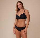 Sonnie wearing the Base Lace T-Shirt Bra and matching Bliss Lace Cheeky Brief in Black. Posed front-facing, the set highlights the soft microfiber cups, lace underband, and full-coverage brief. sizing: Sonnie wears size 36E