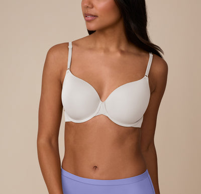 Front view of Nemesis wearing the Base T-Shirt Bra in Frost. The molded cups offer smooth shaping under clothes, paired with the soft Bliss Boyshort in Dusk. sizing: Nemesis wears size 32DD