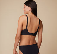 Back view of Anna in the Bliss Plunge Adjustable Bralette and Bliss Bikini, with regular strap configuration.