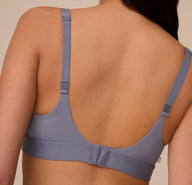 Close-up of the back of the Bliss Plunge Adjustable Bralette in Steel. This view features the hook-and-eye closure and sleek band construction for added comfort and support.