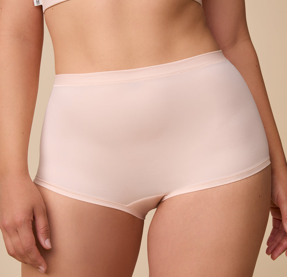 A zoomed-in shot of the waistband and stitching on the Bliss Boyshort, emphasizing the detailed construction and soft, breathable fabric.