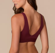 Back view of Alexis showing the Bliss Bralette in Bordeaux's low scoop back and clean edges.