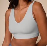 Close-up three quarter view of the Bliss Bralette in Stormy on Victoria, showing the supportive underband and clean neckline designed for all-day ease.