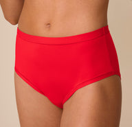 Close-up side view of Freya in the Bliss Highwaist Brief in Cherry. The image focuses on the curve-hugging fit and the soft, flexible waistband.