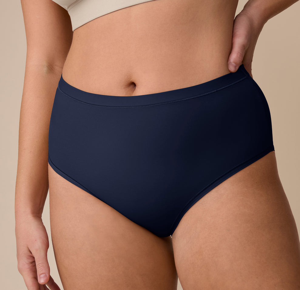 Close-up of the Bliss Highwaist Brief in True Blue, focusing on the smooth finish, clean seams, and stretch fabric that moves with you.