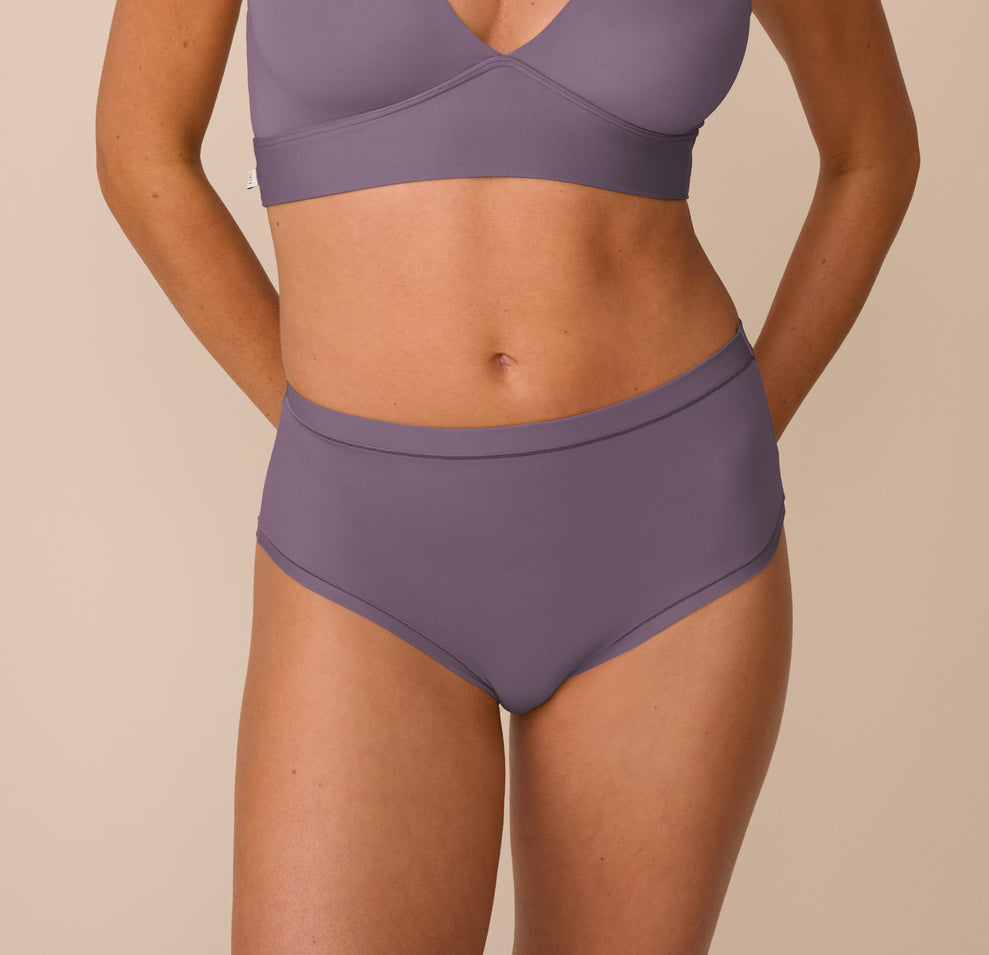 Freya wears the Bliss Highwaist Brief in Eclipse paired with the Bliss Triangle Bralette in Eclipse, shown from the front. The brief offers full coverage and sits comfortably at the natural waist with a clean, smoothing waistband. sizing: Freya wears size Small