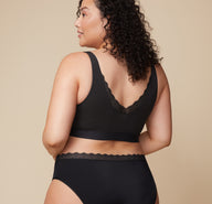 A rear view of Bianca in the Bliss Lace Bralette in Black, showing the lace-trimmed V-back and wide straps for a comfortable fit.