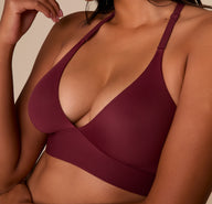 Close-up of the Bliss Lace Halterneck Bralette in Bordeaux, highlighting the smooth microfiber fabric and plunge neckline.