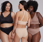 From left to right: Bianca wearing the Bliss Lace Bralette and Bliss Lace Highwaist Brief in Black, the second model displaying the back view of the Bliss Lace Halterneck Bralette and Bliss Lace Highwaist Brief in Beige, and the third model wearing the Bliss Lace Bralette and Bliss Lace Highwaist Brief in Mauve. The image highlights the lace detailing on the bralettes and briefs, as well as the comfortable, supportive fit of each piece.