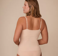 Back view of Sonnie in the Bliss Cami in Beige. The image highlights the cami’s clean backline and adjustable straps for a customizable fit.