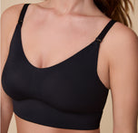 A close-up of Gracie wearing the Bliss Nursing Bra in Black, emphasizing the soft fabric and adjustable nursing clips for effortless feeding.