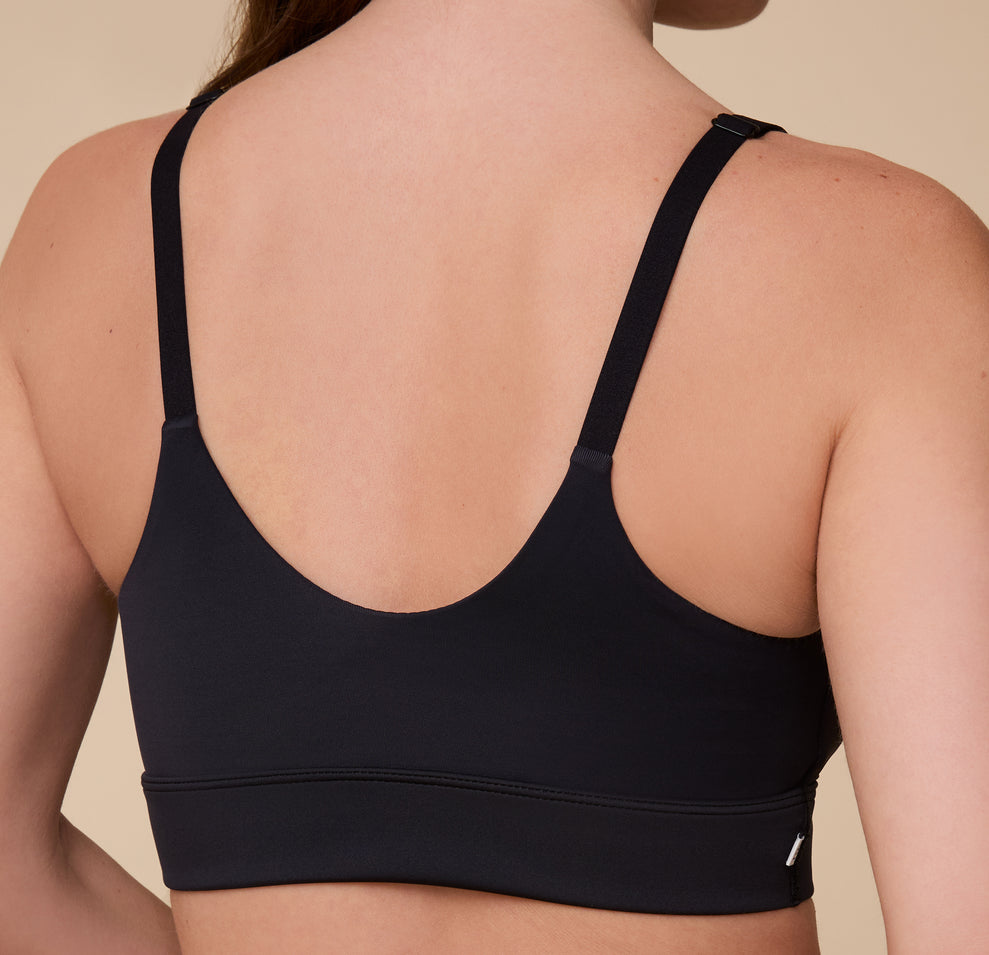 A detailed back view of the Bliss Nursing Bra in Black, featuring a wide band and adjustable straps for a secure fit.