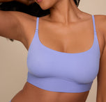 Detailed close-up of the front of the Bliss Scoop Bralette in Dusk, capturing the stretchy, microfiber fabric and wide underband.