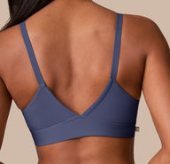 Zoomed-in back view of the Bliss Triangle Bralette in Twilight on Ally, emphasizing the soft stitching, light structure, and elegant V-back design.