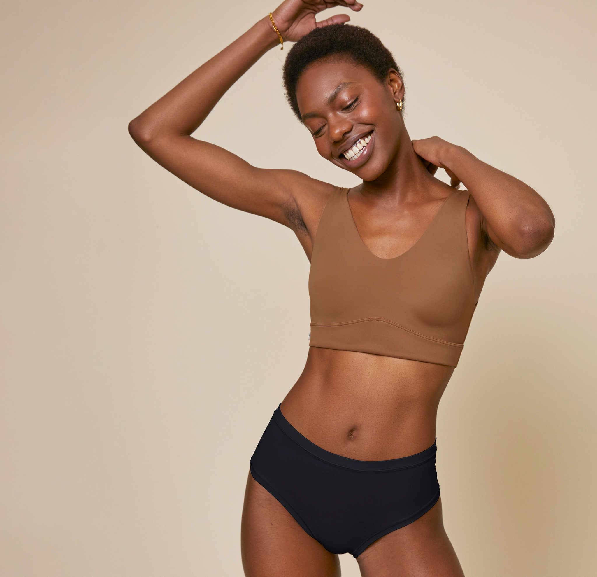 In Check Plunge Neck Sports Bra in Brown