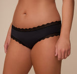 Close-up front angle of Sonnie in the Bliss Lace Cheeky Brief in Black. The image focuses on the soft, no-roll waistband and smooth leg openings.