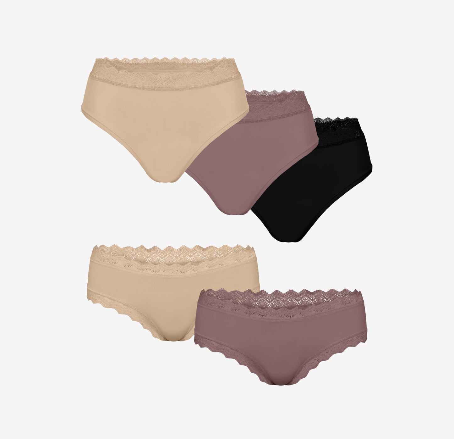Flat lay of five Bliss Lace Highwaist and Cheeky underwear in assorted colors—highwaist briefs in beige, mauve, and black; cheeky briefs in beige and mauve.