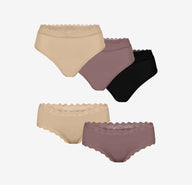 Flat lay of five Bliss Lace Highwaist and Cheeky underwear in assorted colors—highwaist briefs in beige, mauve, and black; cheeky briefs in beige and mauve.