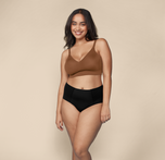 Woman wearing the Bliss Triangle Bralette in the color Brown