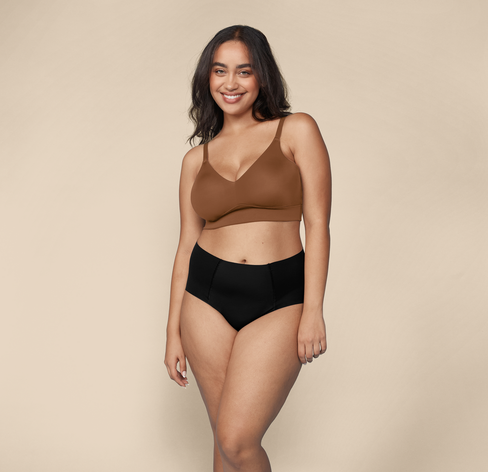 Woman wearing the Bliss Triangle Bralette in the color Brown