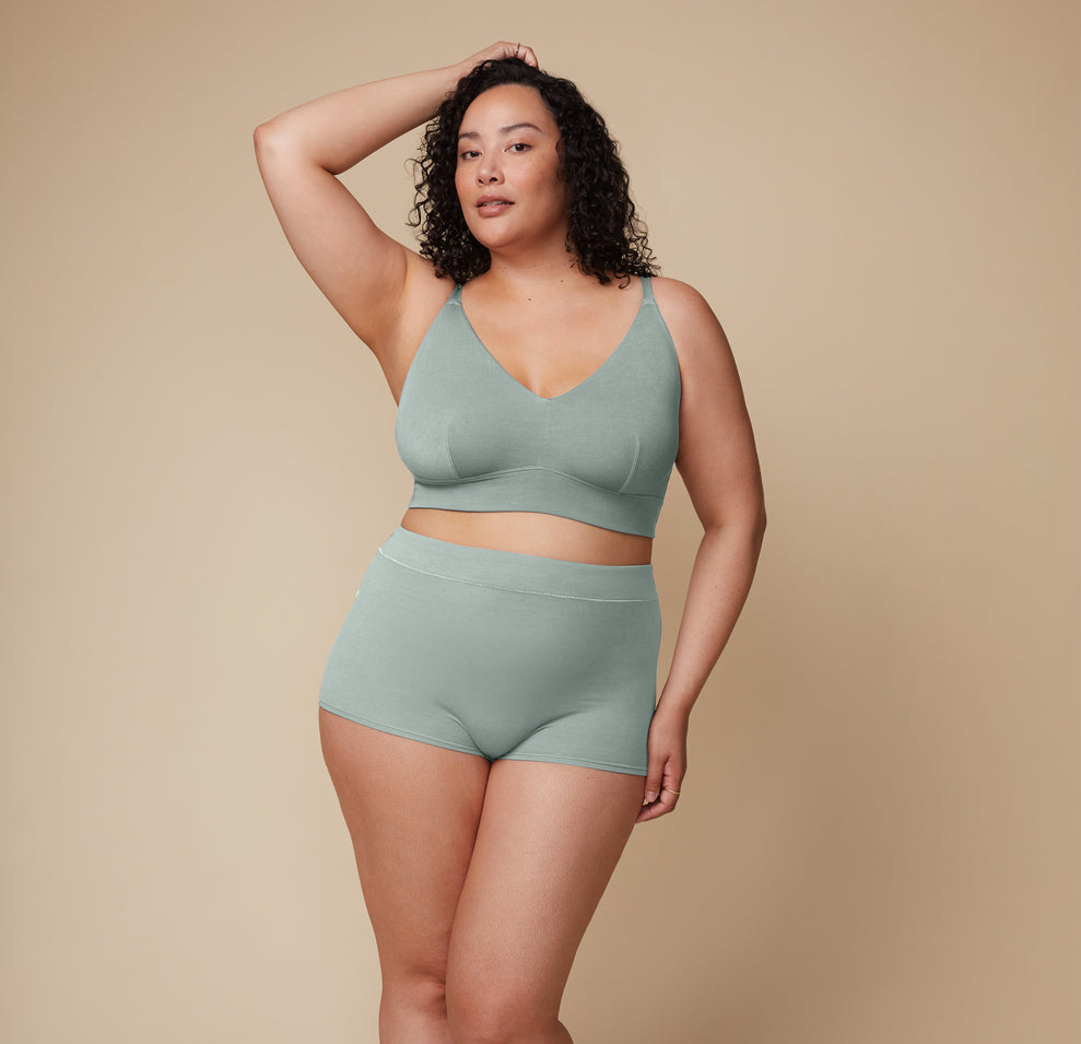 Front face view of Bianca wearing the Cloud Cotton Boyshort in Seaglass paired with the matching Cloud Cotton Triangle Bralette.