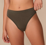 Close-up of Alexis in the Cloud Cotton French Cut Brief in Olive, front view with soft cotton fabric texture.