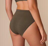 Back angled view of Alexis in the Cloud Cotton French Cut Brief in Olive, showing contoured fit and waistband.