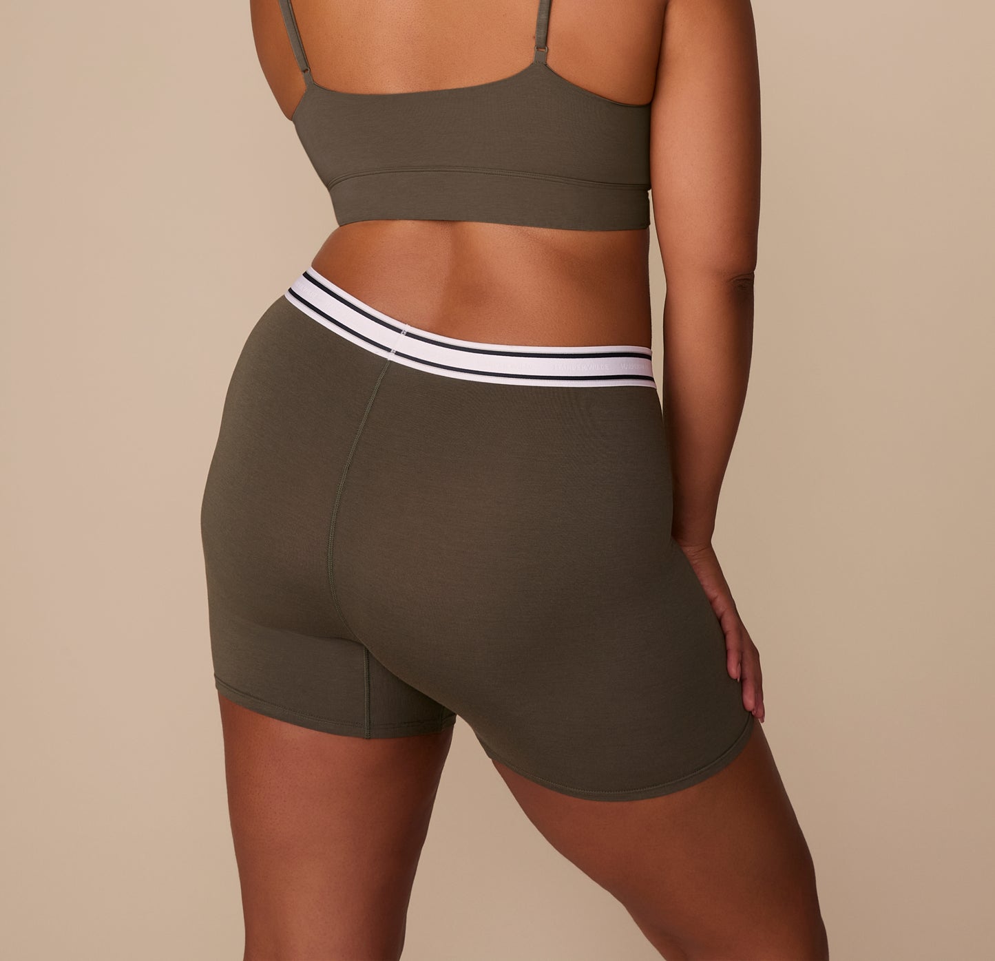 Back view of Zarria in the Cloud Cotton Retro Boxer Brief in Olive, showing full coverage and smooth stretch fit.