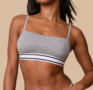 Close-up of Ally in the Cloud Cotton Retro Bandeau Bralette in Heather Charcoal, showing the smooth, flexible fit.
