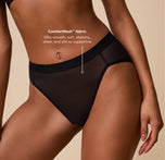 Close-up of the ComfortMesh™ Highwaist Brief in Black, focusing on the fabric’s tagline, "Silky smooth, soft, stretchy, sheer, and still so supportive," emphasizing the lightweight design.