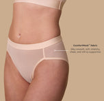 Close-up of the ComfortMesh™ Highwaist Brief in Pearl with the fabric’s tagline, "Silky smooth, soft, stretchy, sheer, and still so supportive," showcasing its lightweight design.