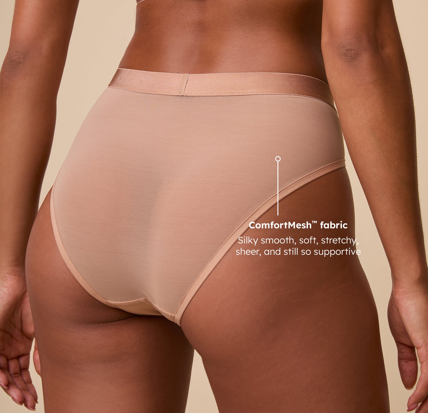Close-up of the ComfortMesh™ Highwaist Brief in Taupe with the fabric’s tagline, "Silky smooth, soft, stretchy, sheer, and still so supportive," showcasing its lightweight design.