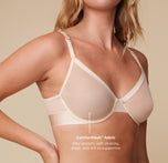 Close-up of the ComfortMesh fabric on the ComfortMesh Plunge Bra, illustrating its silky smooth, sheer, and stretchy properties. A tagline reads, "Silky smooth, soft, stretchy, sheer, and still so supportive". 