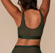 Back view of Victoria in the ComfortMesh™ Scoop Bralette in Sequoia, showing the full mesh back and wide elastic band that offers a smooth, stay-put fit.
