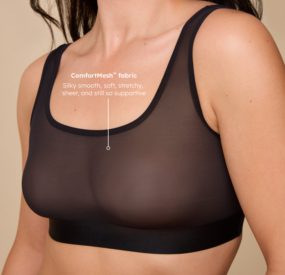 Close-up detail of the ComfortMesh™ Scoop Bralette in Black, featuring a focus on the fabric’s tagline, "Silky smooth, soft, stretchy, sheer, and still so supportive."