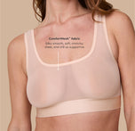 Close-up view of the ComfortMesh™ Scoop Bralette in Pearl, focusing on the sheer fabric and the tagline, "Silky smooth, soft, stretchy, sheer, and still so supportive," emphasizing the ComfortMesh™ material.
