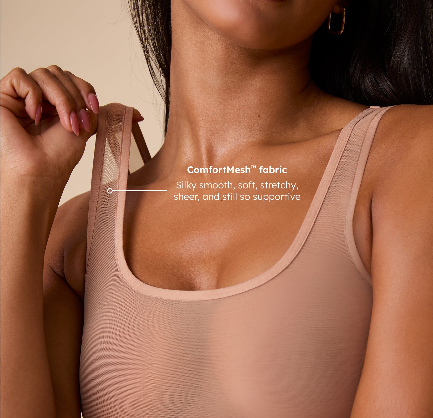 Close-up detail of the ComfortMesh™ Scoop Bralette in Taupe, featuring the tagline, "Silky smooth, soft, stretchy, sheer, and still so supportive," emphasizing the soft material.