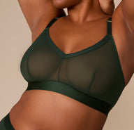 Close-up angle of the ComfortMesh™ Triangle Bralette in Sequoia, highlighting the soft triangular cups and wide elastic underband that lays flat without digging.