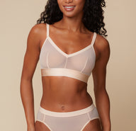 Close up of Ally wearing the ComfortMesh Triangle Bralette in Pearl. The front adjustable straps and triangle neckline are emphasized. sizing: Ally wears a size Small. 