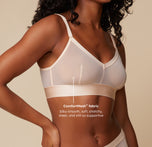 A close-up side view of Ally in the ComfortMesh™ Triangle Bralette in Pearl, showcasing the soft, stretchy ComfortMesh™ fabric with the tagline: "Silky smooth, soft, stretchy, sheer, and still so supportive."