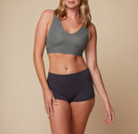 Front view of Lounge Rib Boyshort Underwear in the color Charcoal, paired with a Bliss Bralette in the color Stone.