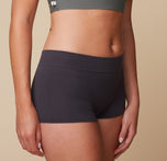 Close up detail view of Lounge Rib Boyshort Underwear in the color Charcoal. sizing: Megan wears size Large