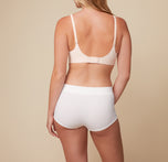 Back view of model Megan in the Lounge Boyshort in White and Bliss Plunge Adjustable Bralette in Rose.