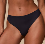 A detailed look at the No-Show Thong in Black on Ally, focusing on the laser-cut edges and smooth, second-skin fit.